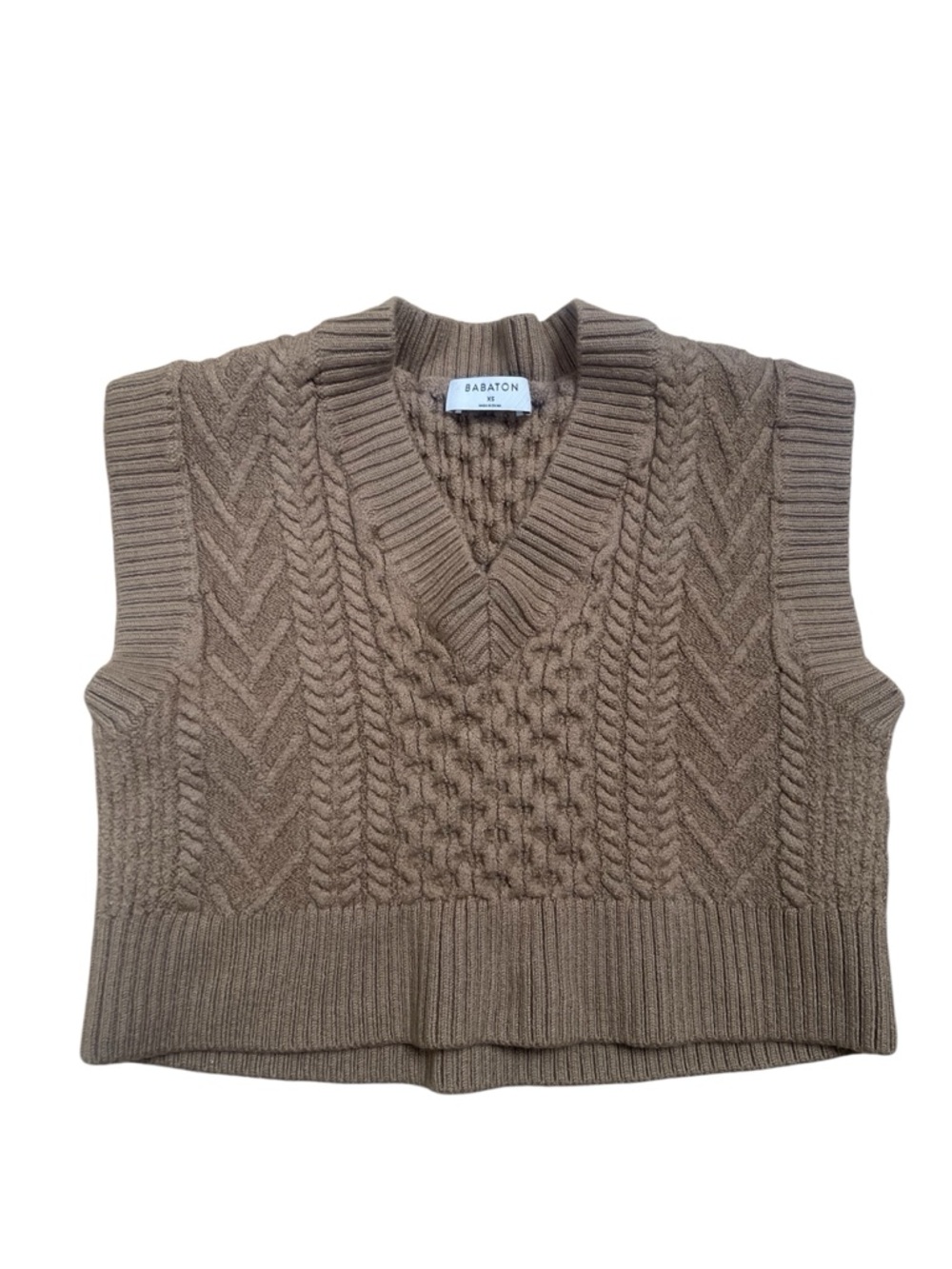 Babaton Taupe Cable-Knit V-Neck Sweater Crop Vest